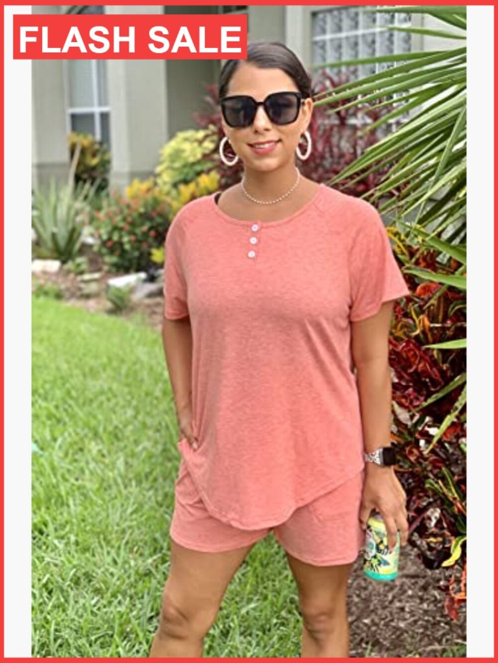 Medium 2-Piece Lounge Set with Pockets, Button-Down Top & Drawstring Shorts - Picture 2 of 7